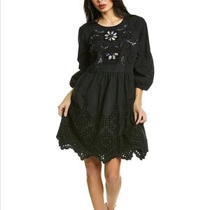 Johnny Was Merla Dress Black Cotton Embroidered Floral NWT XS